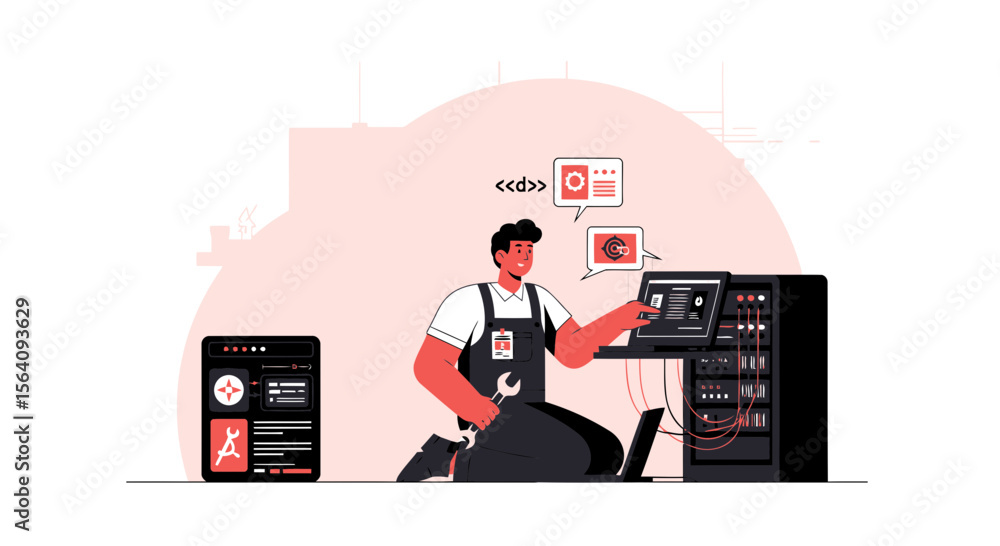 Poster computer technician maintaining network server with tablet device and wrench