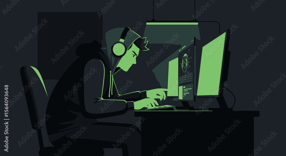 Poster concentrated programmer working late coding with dual monitors at his desk