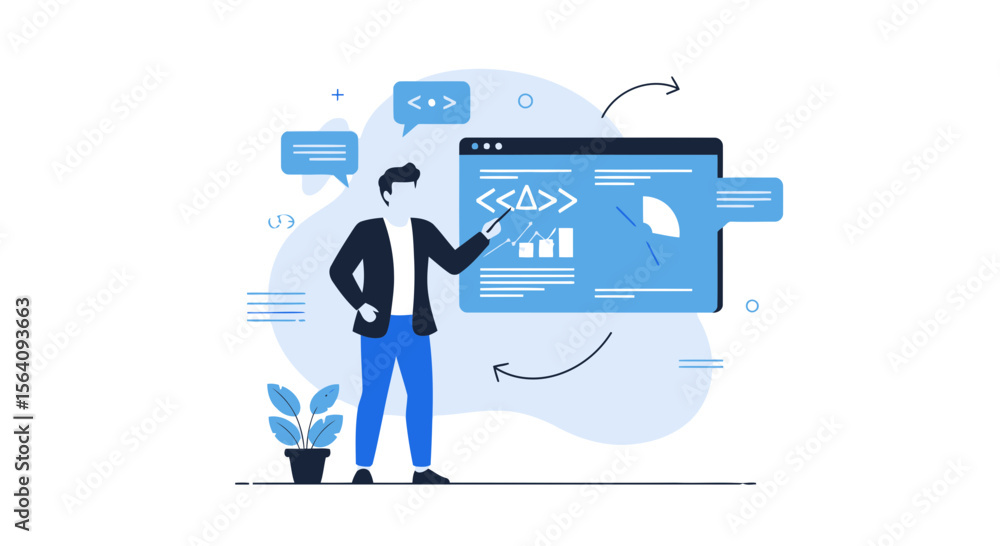 Poster concept illustration of developer pointing to screen with code information