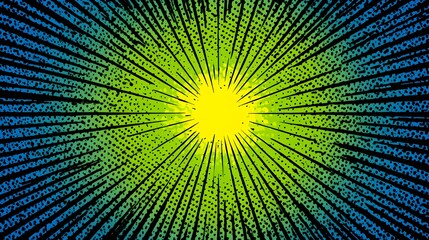 Obraz premium Abstract radiating light pattern with green yellow and blue colors.