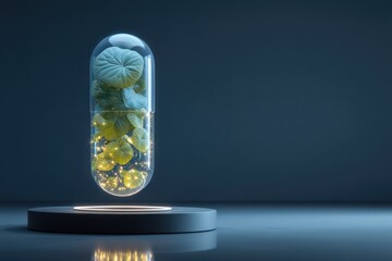 Futuristic transparent capsule with glowing botanical elements on a minimalist pedestal