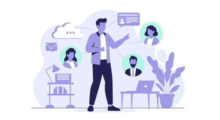 Fototapeta premium Conceptual Illustration Of A Man Presenting Online Teamwork And Communication
