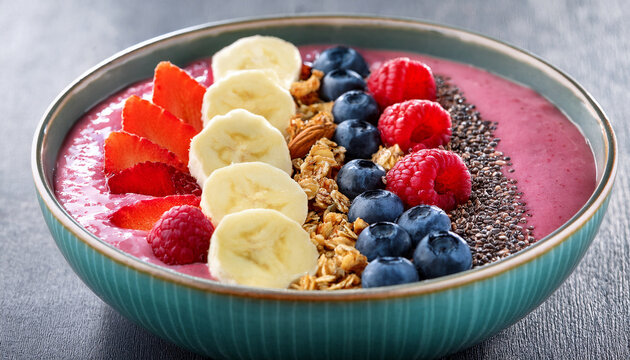 healthy smoothie bowl with berries bananas and granola - Powered by Adobe