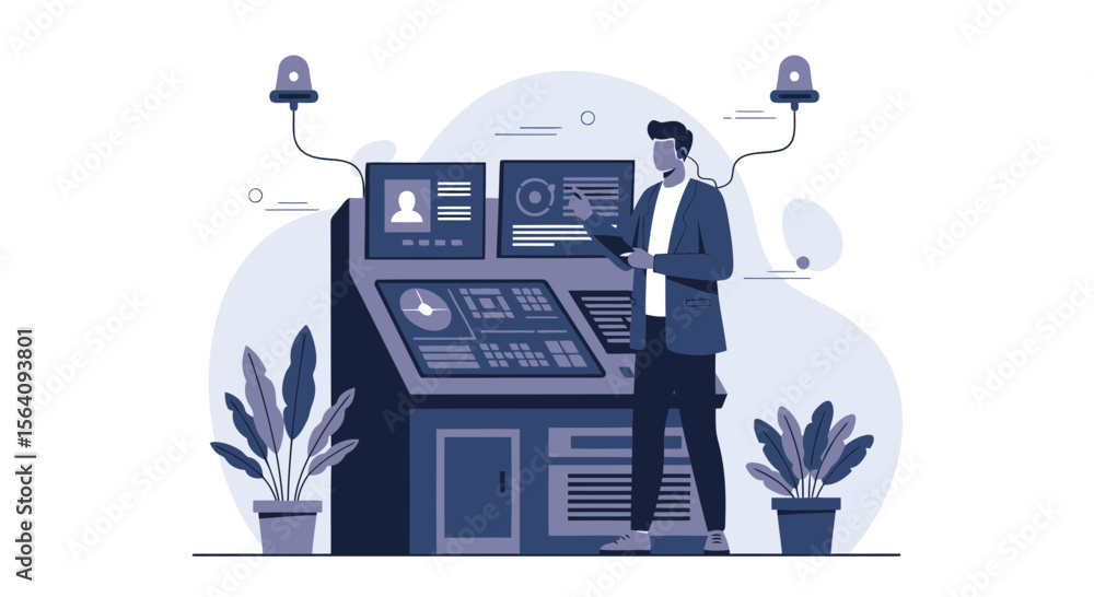 Poster control room operator managing system data with advanced technology interface