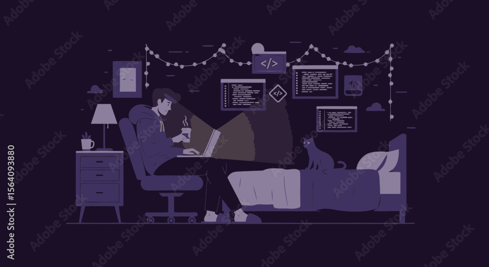 Poster cozy coding session with coffee and a cat in a relaxed bedroom setting