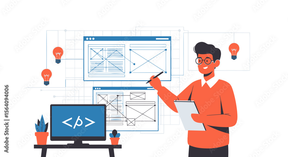 Poster creative design presentation of modern website development process and coding