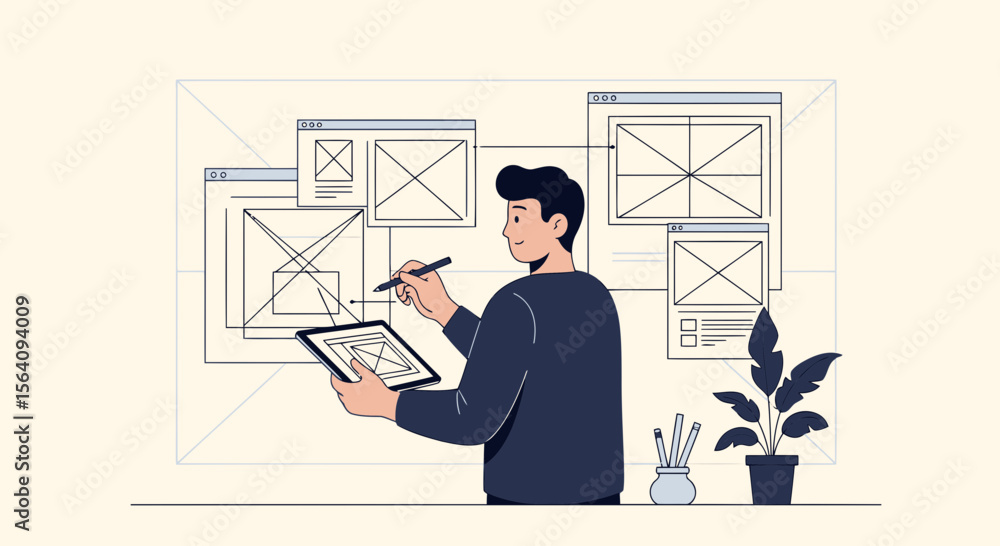 Poster creative designer developing wireframe project on tablet for user interface and experience