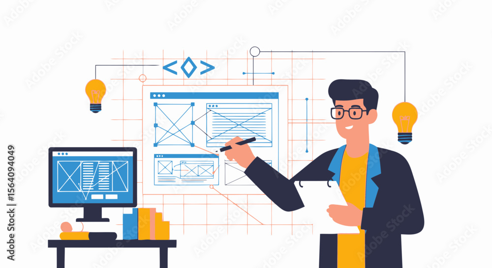 Poster creative developer designs application interface sketching digital solution presentation