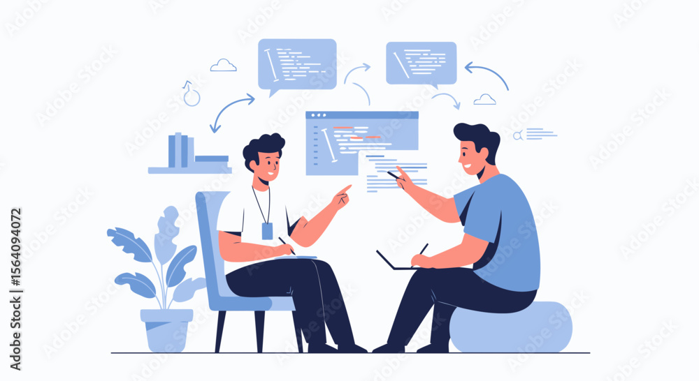 Poster creative software developers brainstorming coding project together professionally