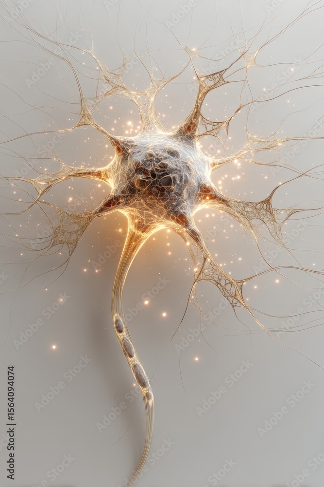 Poster golden glowing neuron structure rendered with intricate detail and illumination