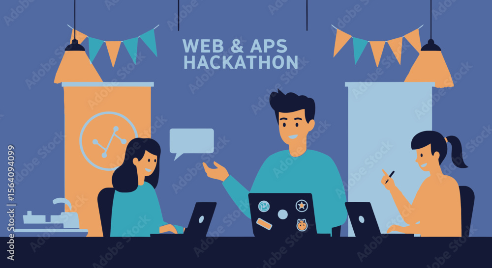 Poster creative team developing app at web hackathon event together illustration