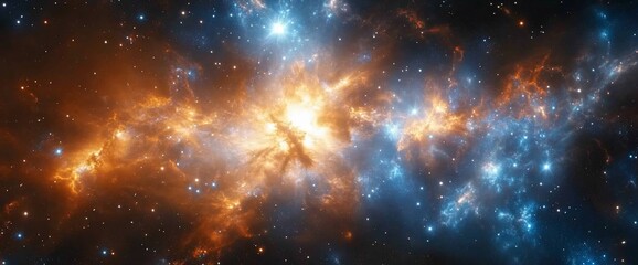 Fototapeta premium Majestic Nebula: Cosmic Cloudscape with Golden and Azure Hues, Sparkling Stars