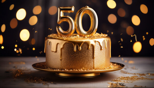 celebrating a special milestone with a golden 50th birthday cake