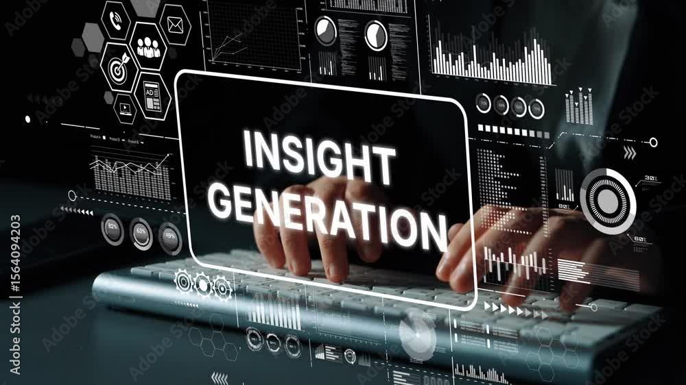 Poster insight generation concept with data analysis graphics over laptop keyboard in business environment.
