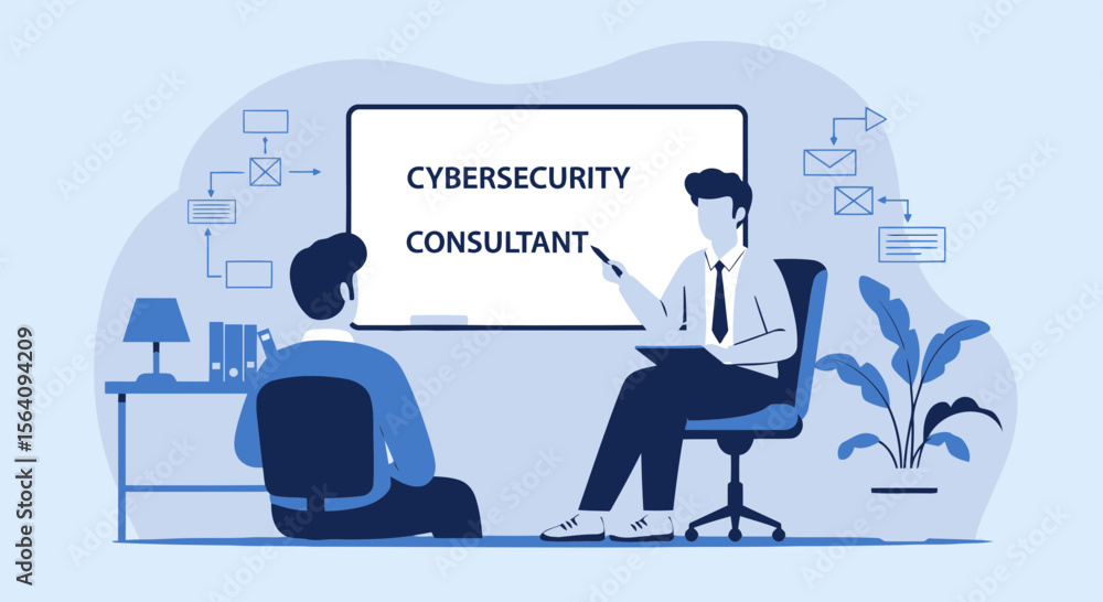Poster cybersecurity consultant explaining information protection to a client about network