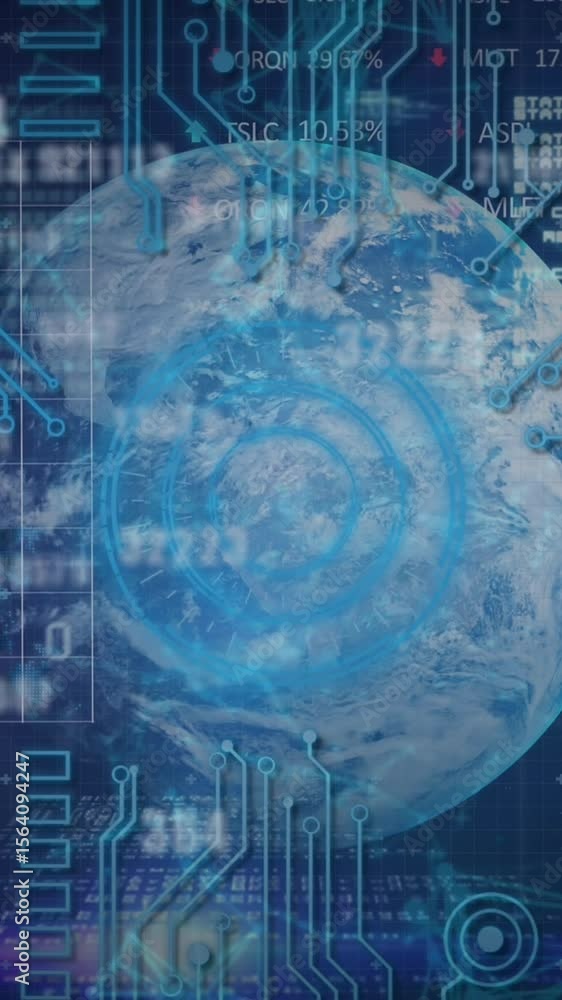 Poster animation of changing numbers and microprocessor connections over globe against blue background