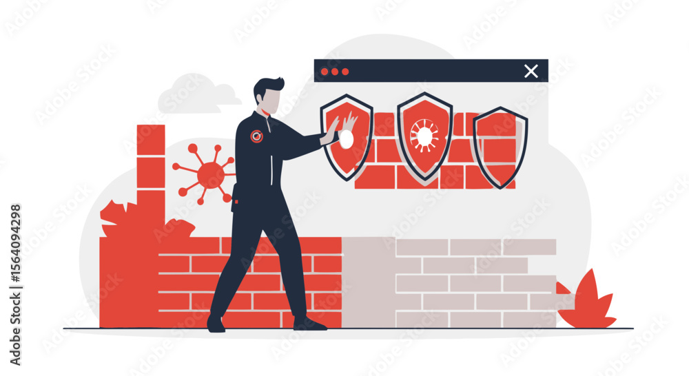 Poster cybersecurity professional protecting data from threats with shield and firewall
