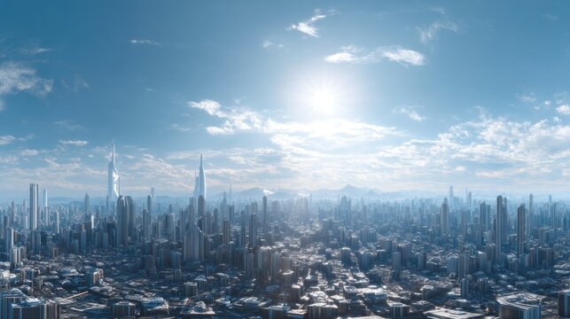 Futuristic city skyline panoramic view high rise buildings modern architecture urban development concept