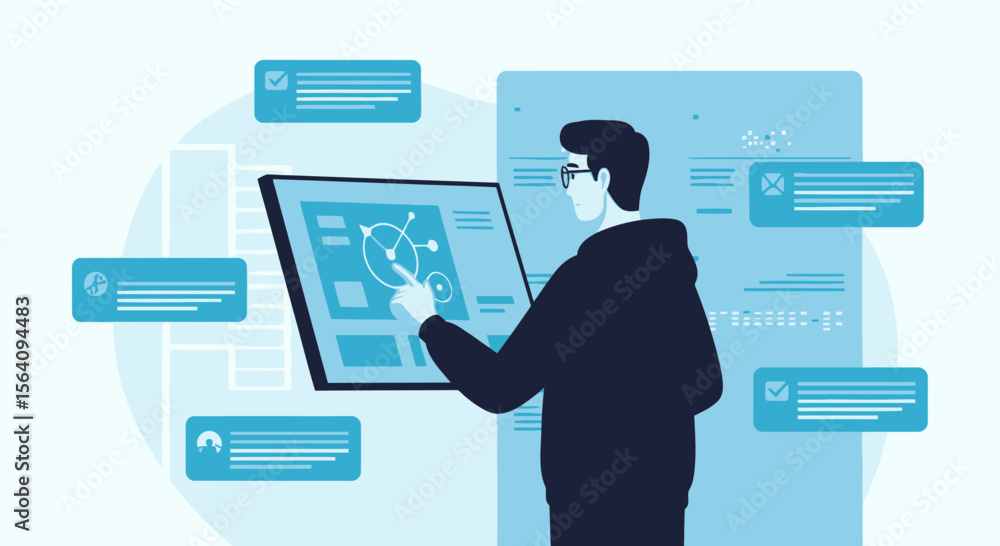 Poster data visualization expert interacting with futuristic technology and diverse communication interface