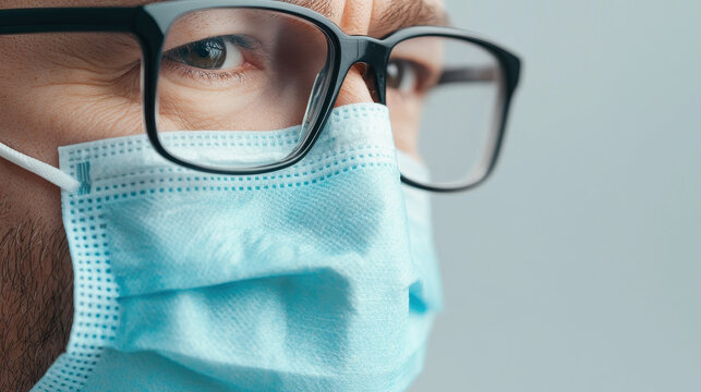 Close up of person wearing glasses and blue surgical mask, emphasizing health and safety measures. image conveys sense