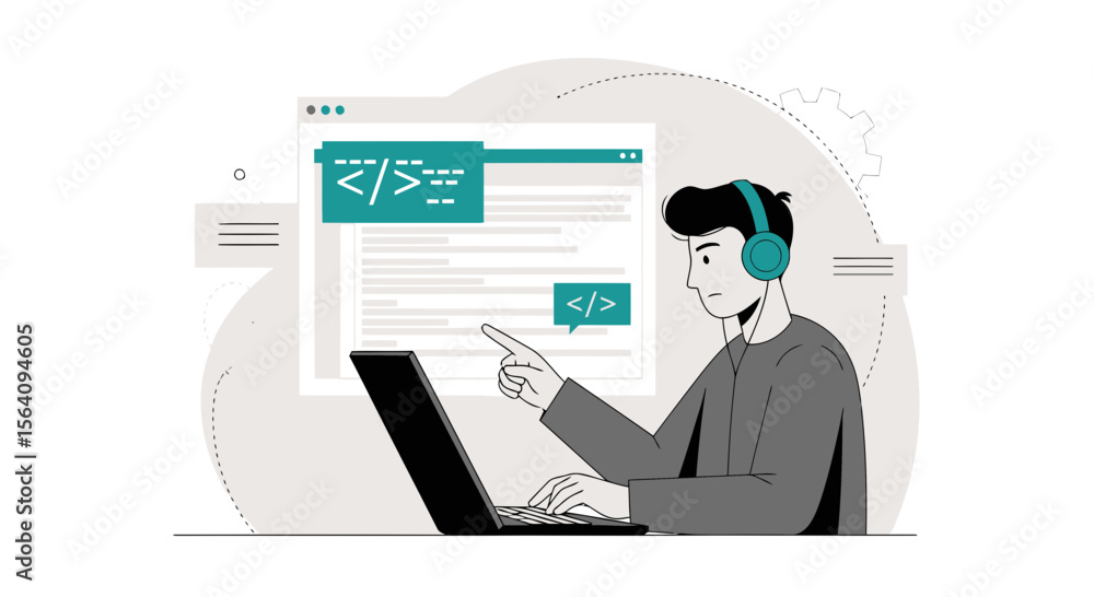 Aufkleber dedicated developer working on coding project with headphones in a modern workspace