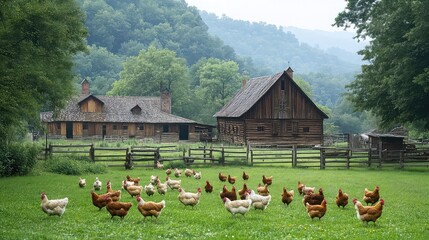 Rural barnyard scenes with chickens goats cows roaming open farmyard, wooden barns visible, peaceful countryside view, traditional agriculture lifestyle fully captured