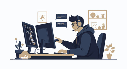 Developer Concentrating On Coding With Dual Monitors In Modern Office Space