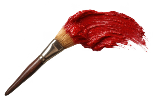 Paintbrush with vibrant red paint stroke isolated on a transparent background