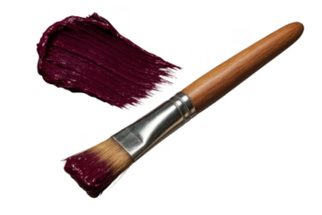 Paintbrush with a vibrant purple paint stroke isolated on transparent background
