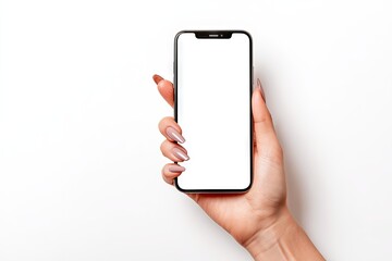 A woman's hand with elegantly manicured nails holds a smartphone vertically, displaying a blank white screen against a clean white background