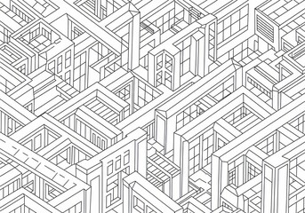 Abstract Isometric City Structure. This intricate line drawing portrays a sprawling, modern urban landscape. Its labyrinthine design evokes notions of complexity and challenge.