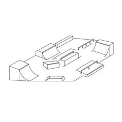 Skatepark Outline: A detailed outline of a skatepark, featuring ramps, rails, and various obstacles designed for skateboarding and other action sports.