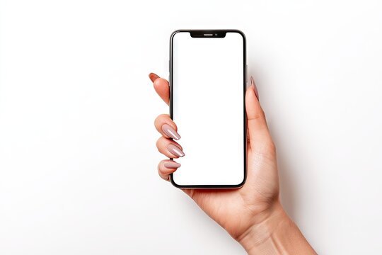 A woman's hand with elegantly manicured nails holds a smartphone vertically, displaying a blank white screen against a clean white background - Powered by Adobe