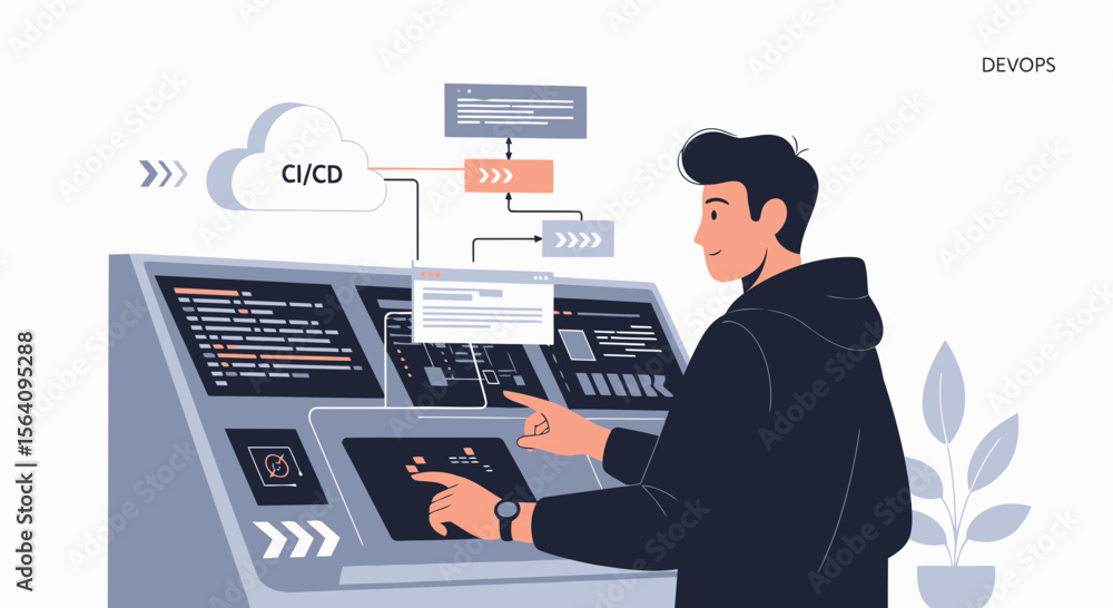 Poster engineer manages complex system continuous integration and delivery development concept