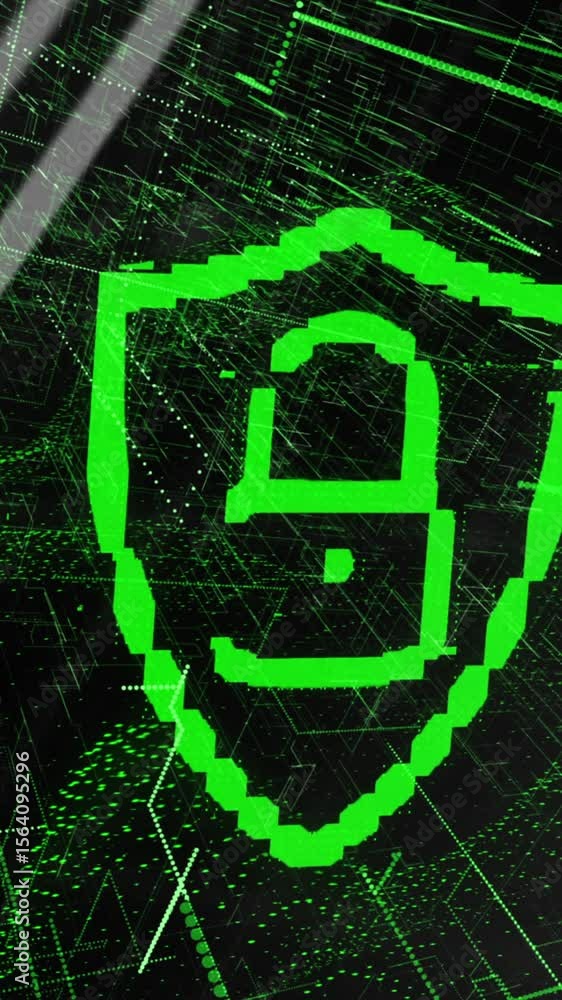 Poster animation of online security padlock data processing over green mesh