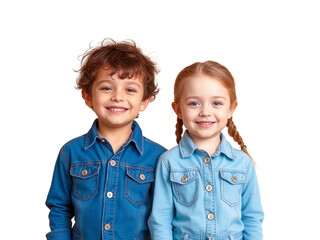 Two Smiling Children in Denim Shirts on a transparent background