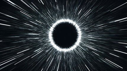 Obraz premium Abstract black hole illustration with bright streaks radiating outwards in space.