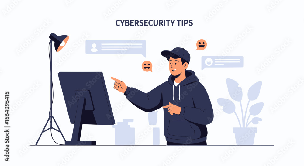 Aufkleber explaining cyber security tips young man pointing to a computer screen in modern workplace