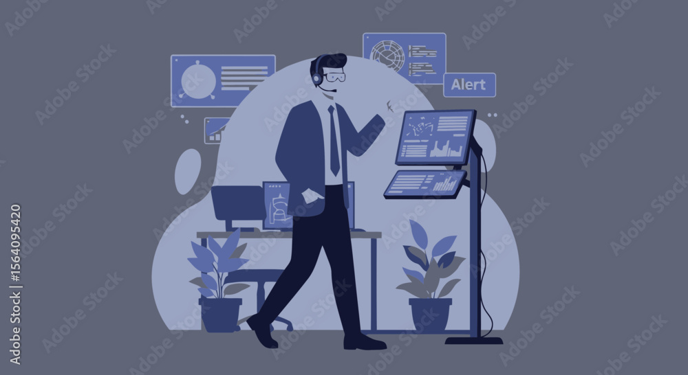 Poster executive monitoring data stream with multiple screens and a headset technology
