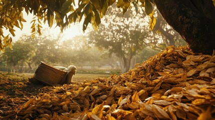 A picturesque scene of betal leaves being harvested in a tranquil setting in a cozy setting