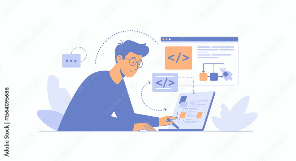 Poster focused developer working on software engineering project with modern devices