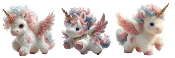 Three adorable plush unicorn pegasus toys with pink and blue manes isolated on transparent background