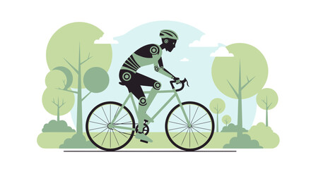 Naklejka premium Futuristic Cyclist: Robot Rides Bicycle Through Serene Green Park Landscape