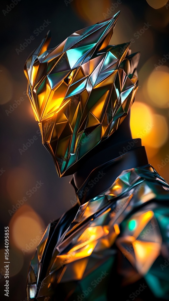 Poster geometric figure displays an angular, futuristic helmet and armor against a blurred background of wa