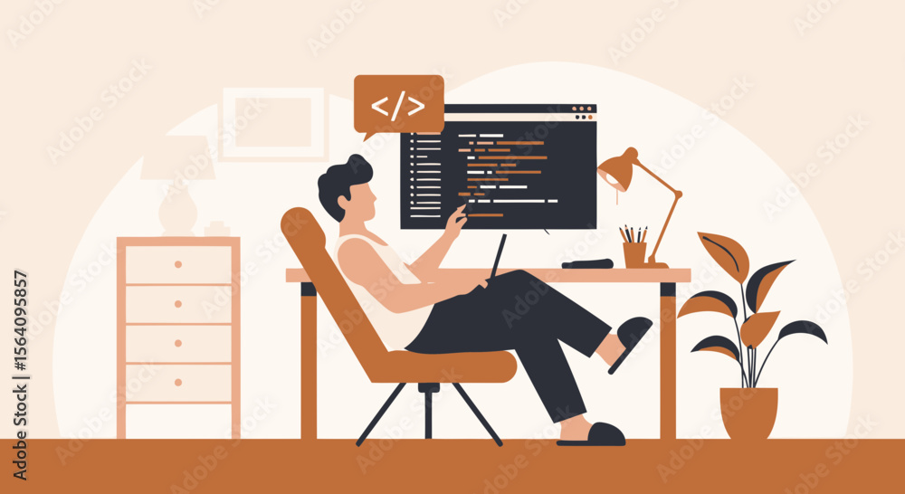 Poster freelancer working on code from home concept casual programmer job