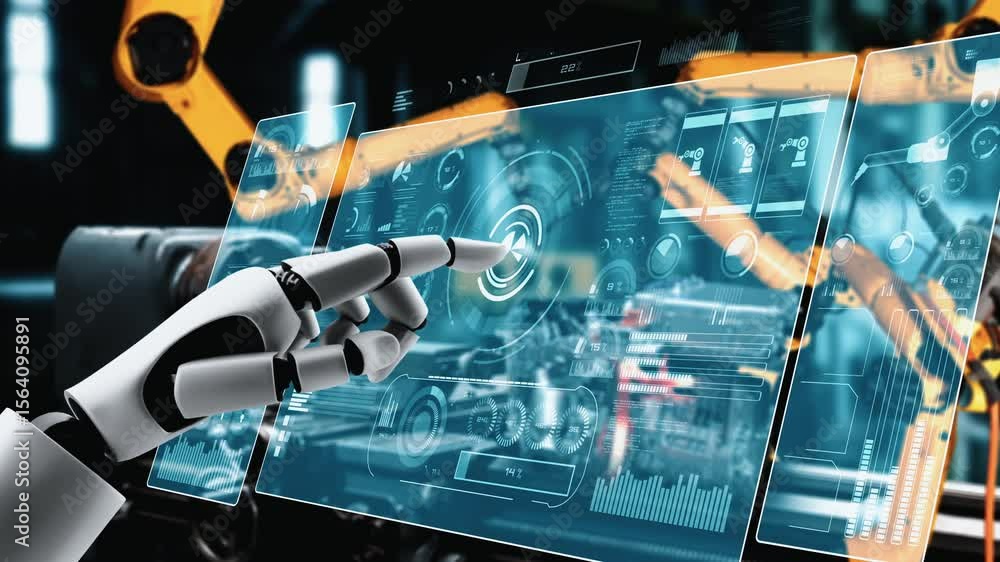 Aufkleber cybernated industry robot and robotic arms for assembly in factory production . concept of artificia