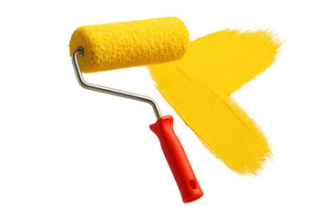Paint roller with vibrant yellow paint stroke isolated on transparent background