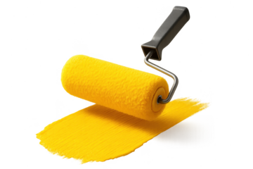 Bright yellow paint roller making a stroke, isolated on transparent background