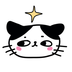 Comical sticker featuring a cute cat with pink cheeks surrounded by stars. Funny vector design with cute charm, perfect for greeting cards or pet-themed prints.