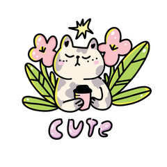 Playful and whimsical doodle featuring a pet cat enjoying coffee surrounded by floral elements. Fun and romantic sticker design with soft pastel colors.